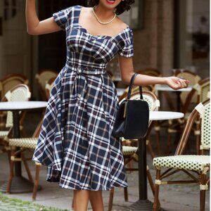Miss Candyfloss Phoebe Lee Tartan Swing Dress in Navy 2X